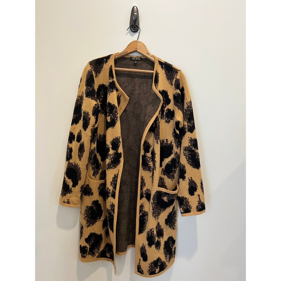 IMAN Animal Print Cardigan Sweater Black & Tan - Size Small - Picture 2 of 4